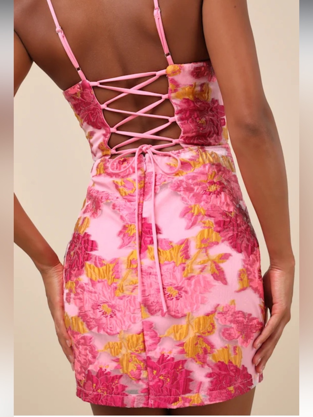 Lulus / B. Right Flirtatious Composure Pink Jacquard Lace-Up Bustier Mini Dress - Picture 12 of 13